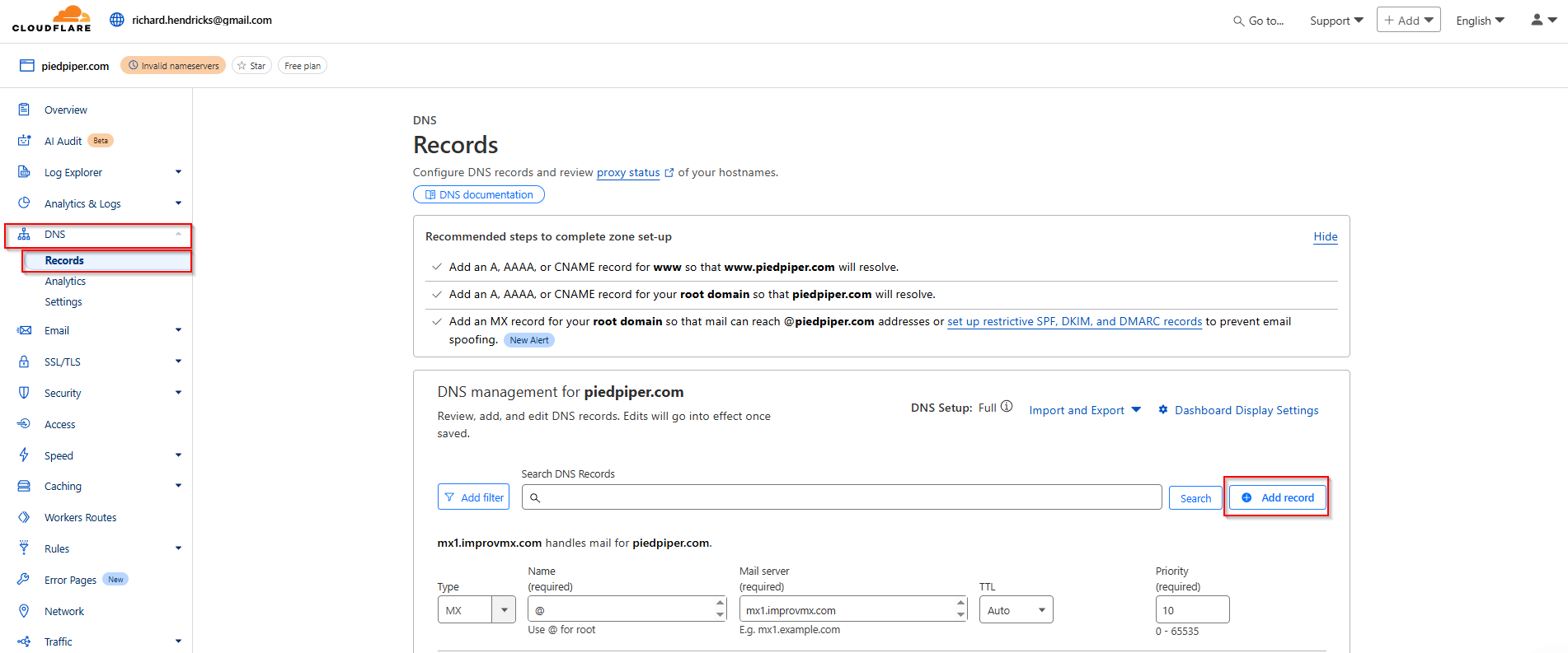 Cloudflare dashboard DNS Records section
